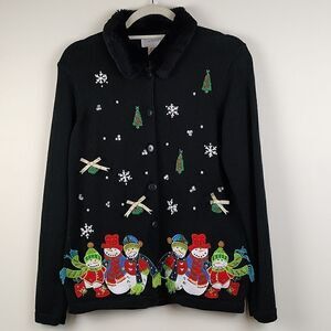 Chadwick's Black Cardigan Applique Embroidered Snowmen Christmas Sweater